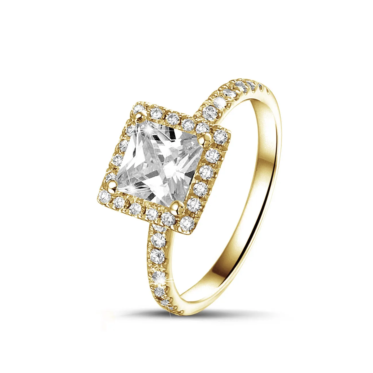 1.20 quilateshalo anillo solitario diamante princesa en oro amarillo con diamantes redondos 