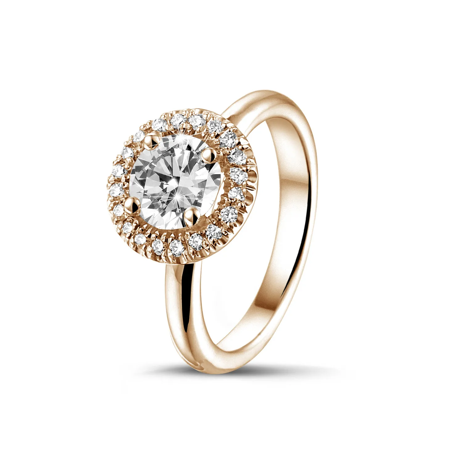 1.25 quilates Halo anillo solitario en oro rojo con diamantes redondos 