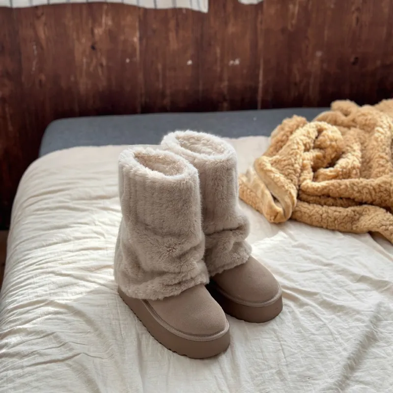 2024S Invierno Islandia Nieve con soldad gruesa hecha de cuero genuino con pelón de visón corto y cálido para botas de diseñador