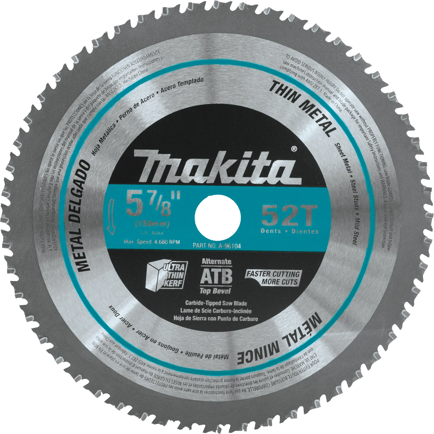 5‑7/8" 52T Carbide‑Tipped Saw Blade, Thin Metal