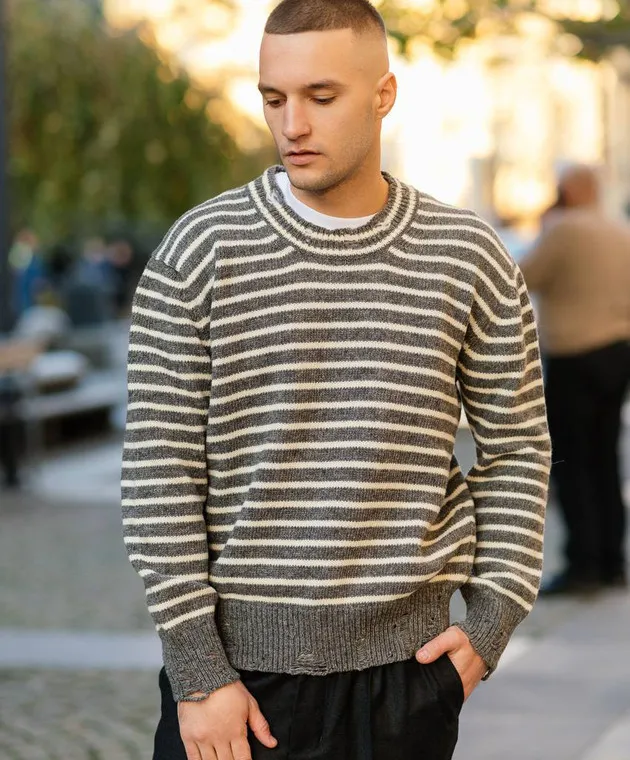 Ami Paris Gray striped wool sweater with slits