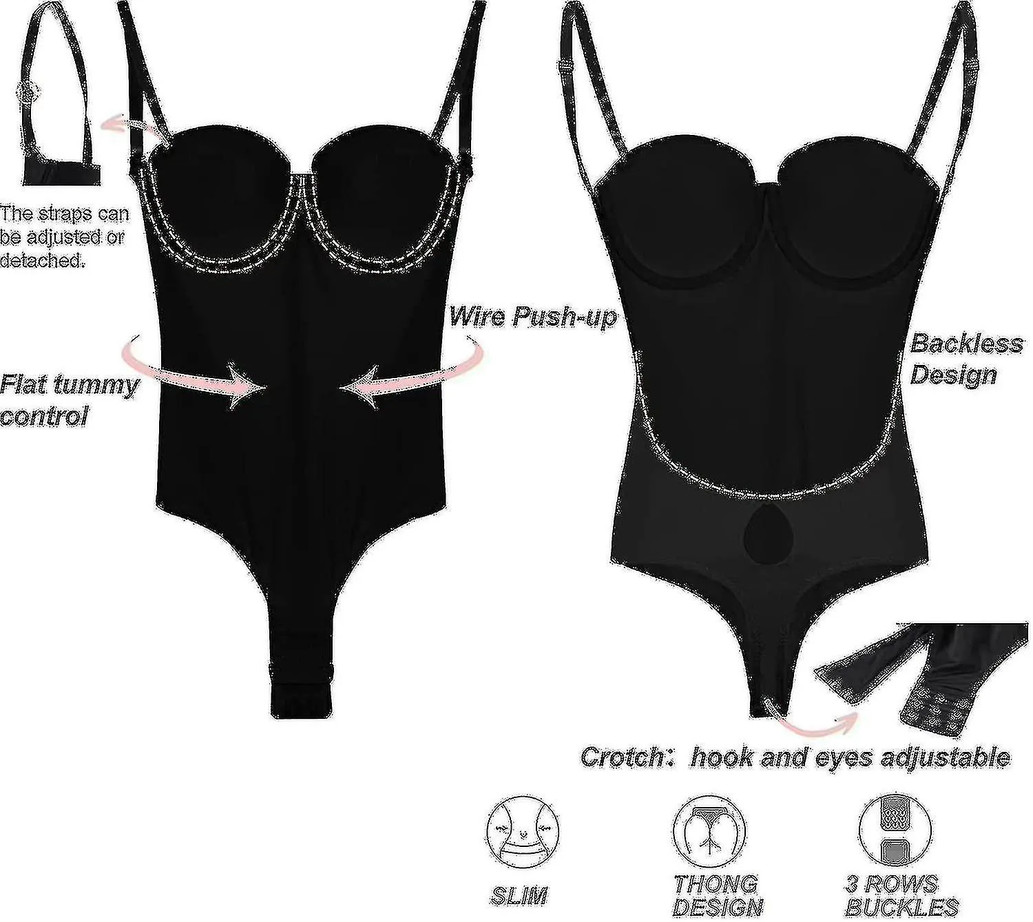Backless Body Shaper para mujeres Push Up Bra Low Back Thong Bodysuit