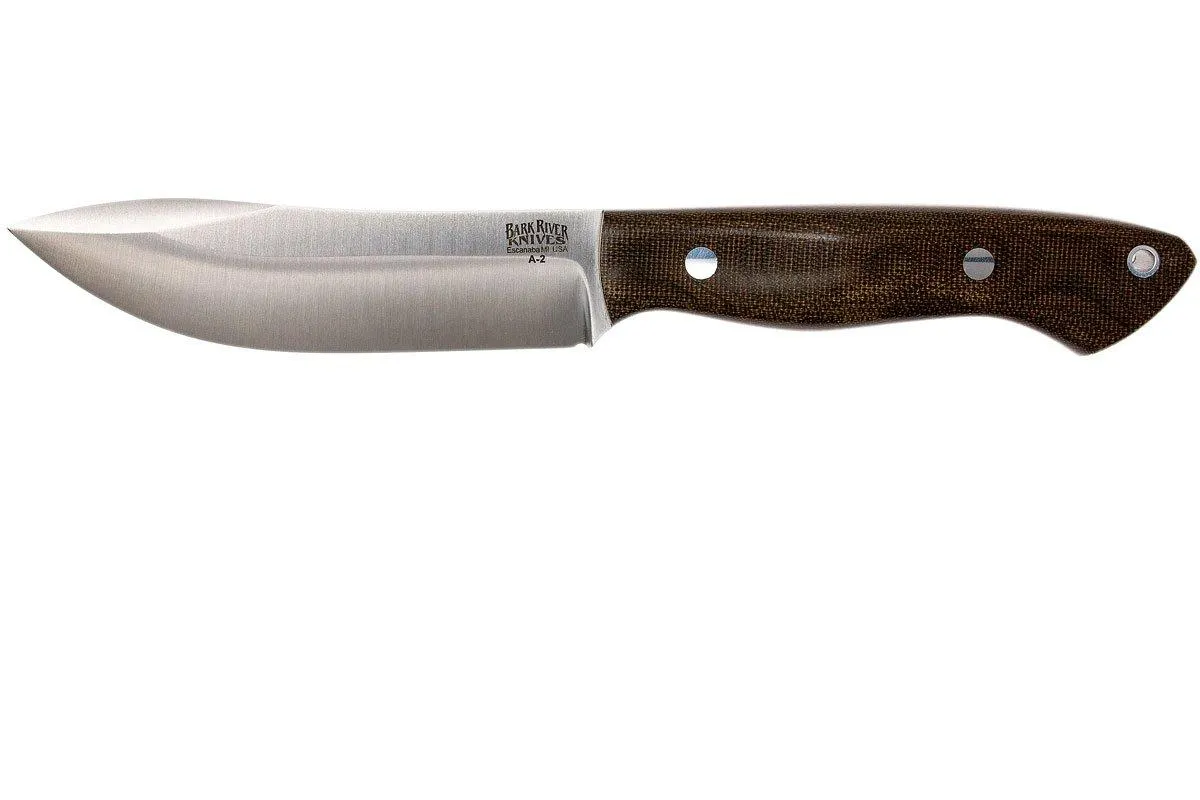 Bark River Kalahari Hunter A2, Green Canvas Micarta, funda marrón