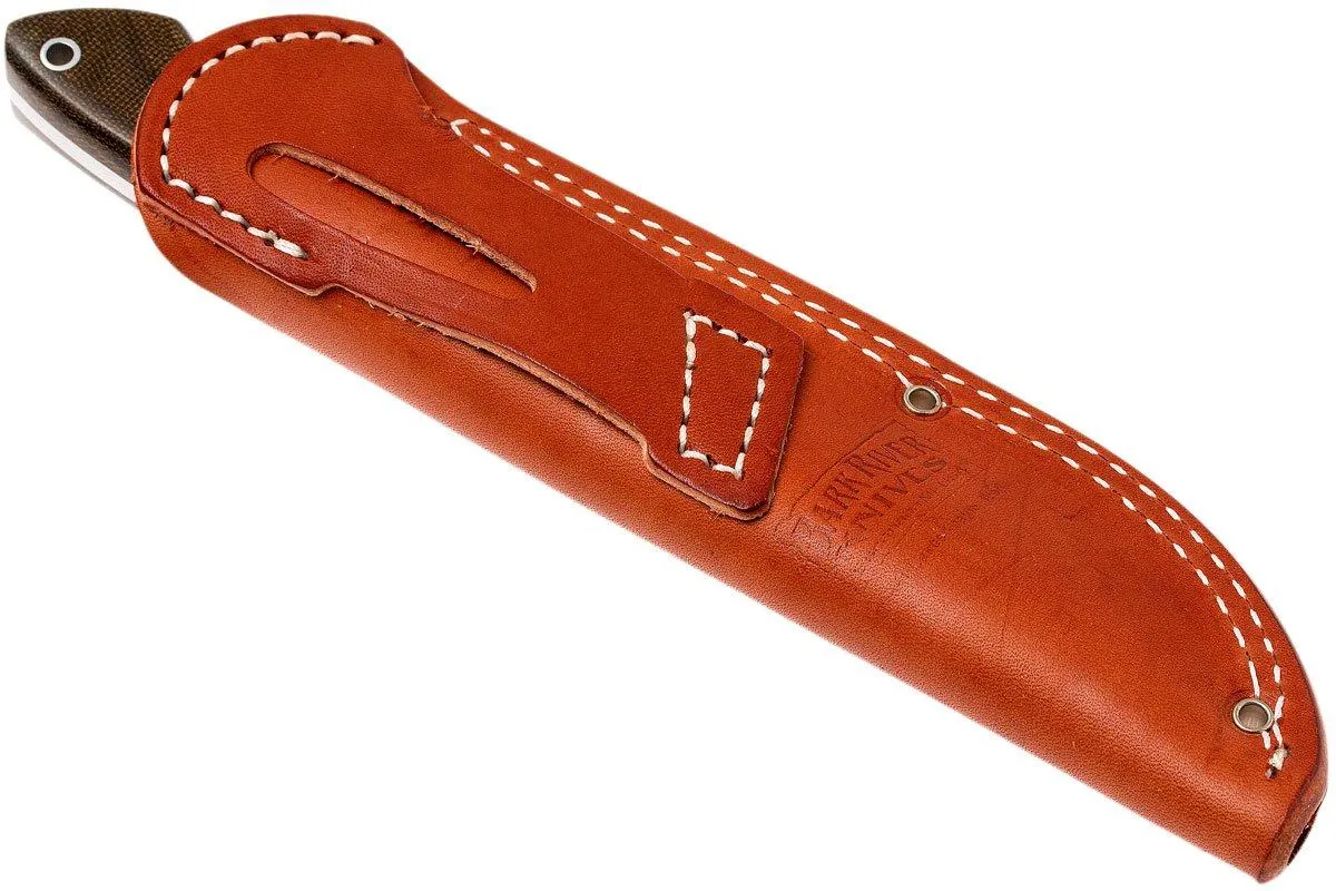 Bark River Kalahari Hunter A2, Green Canvas Micarta, funda marrón