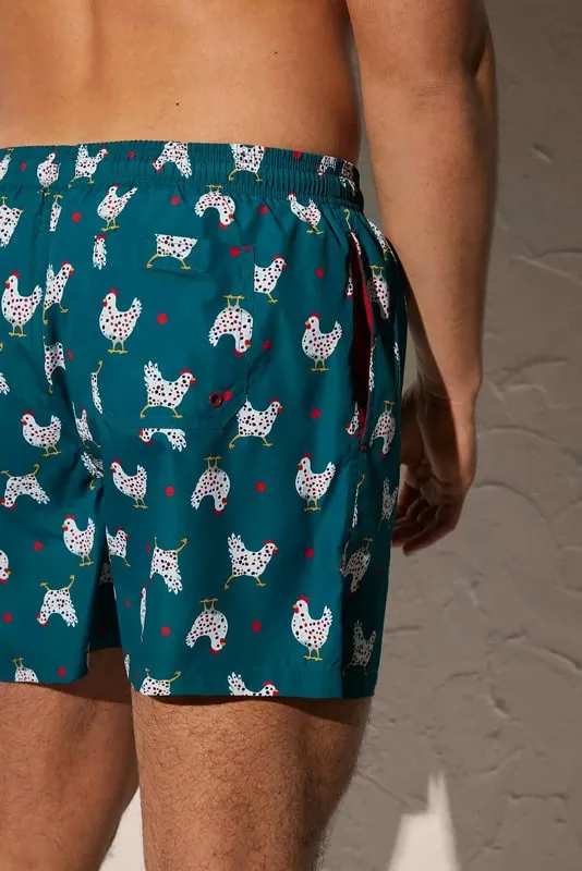 Bañador Ysabel Mora de hombre estampado con gallinas
