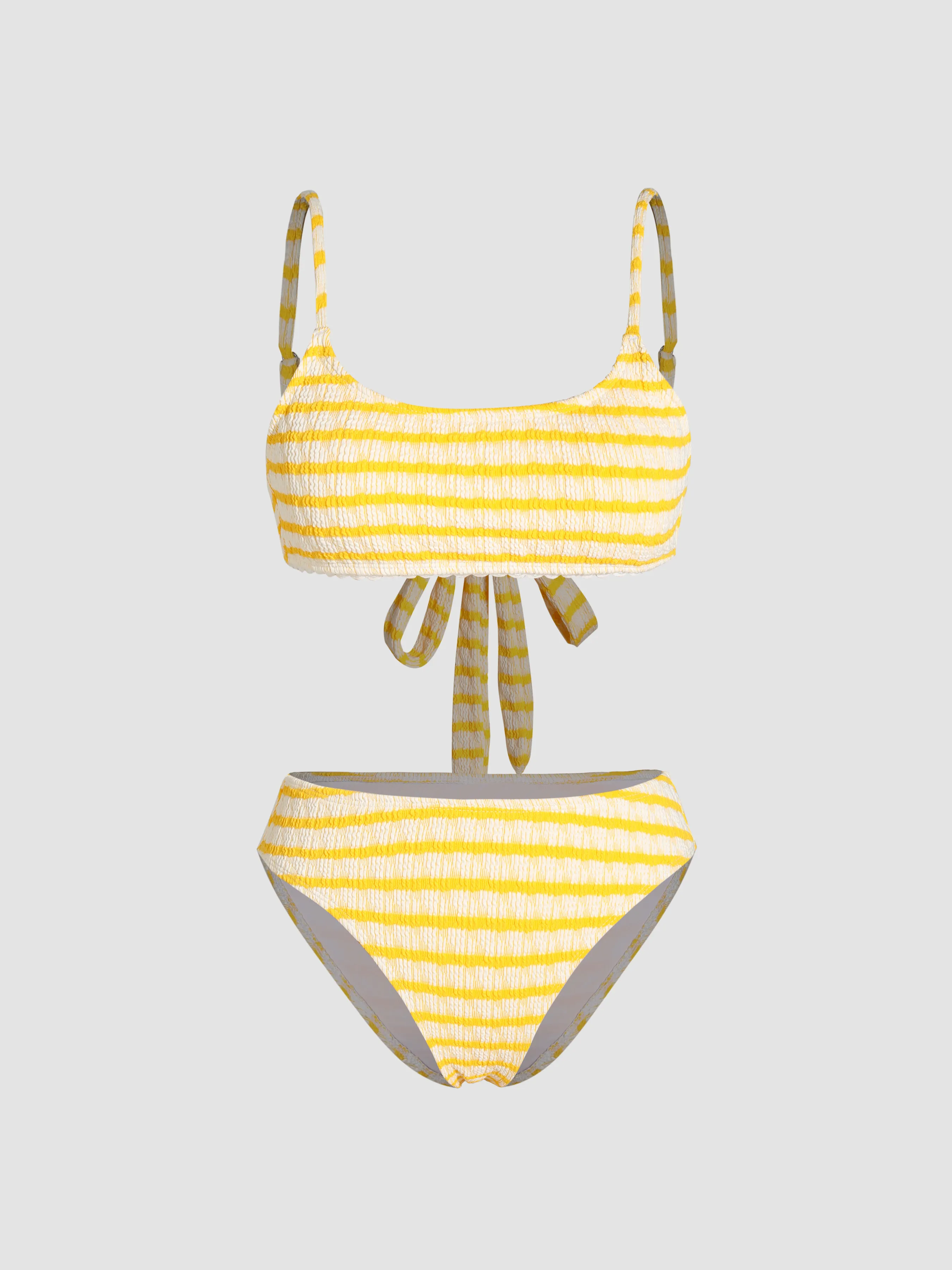 Bikini de Textura a Rayas con Escote U para Vacaciones al Atardecer en Miami