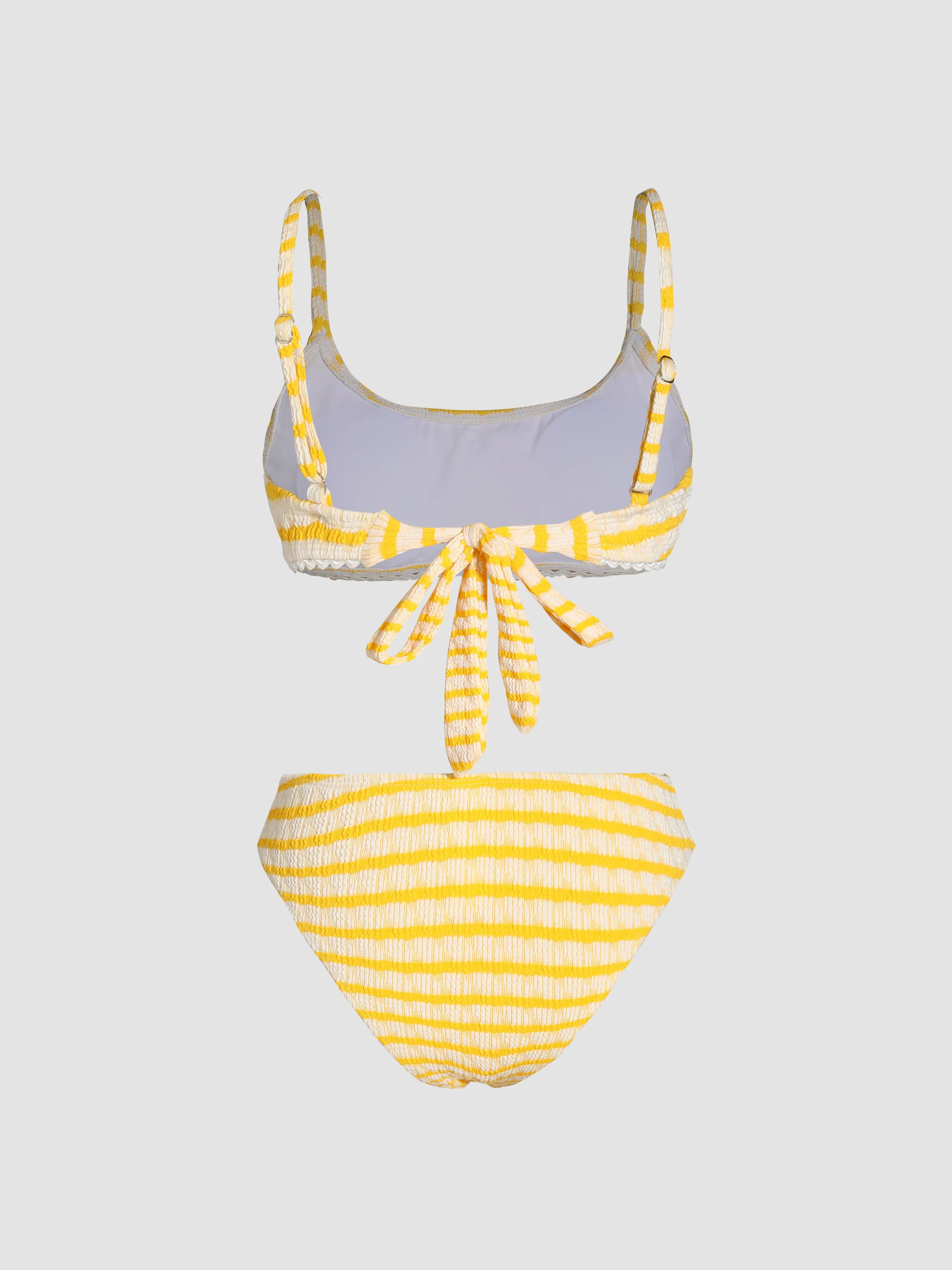 Bikini de Textura a Rayas con Escote U para Vacaciones al Atardecer en Miami