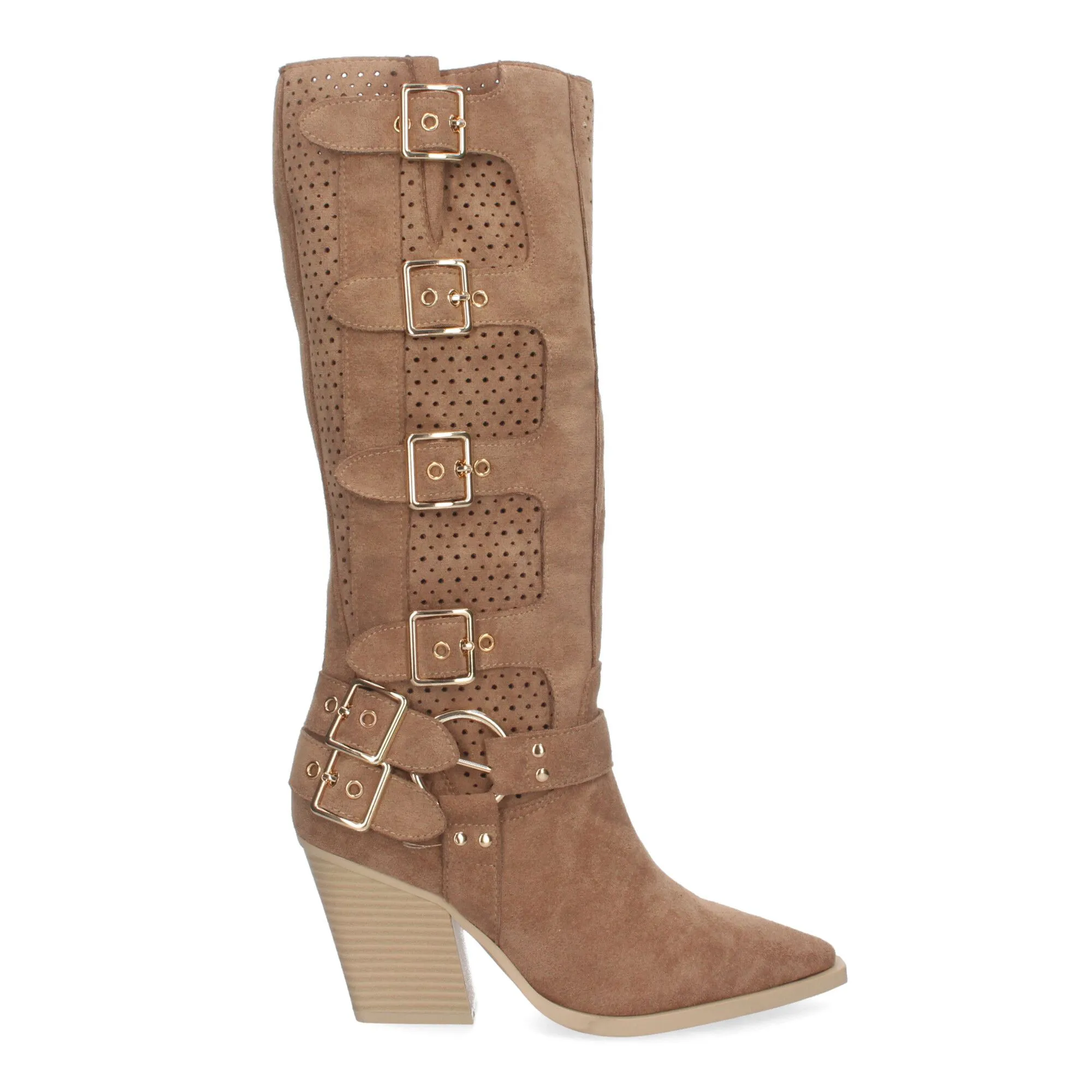 Botas altas de tacón medio con hebillas estilo motero mujer color camel L1000