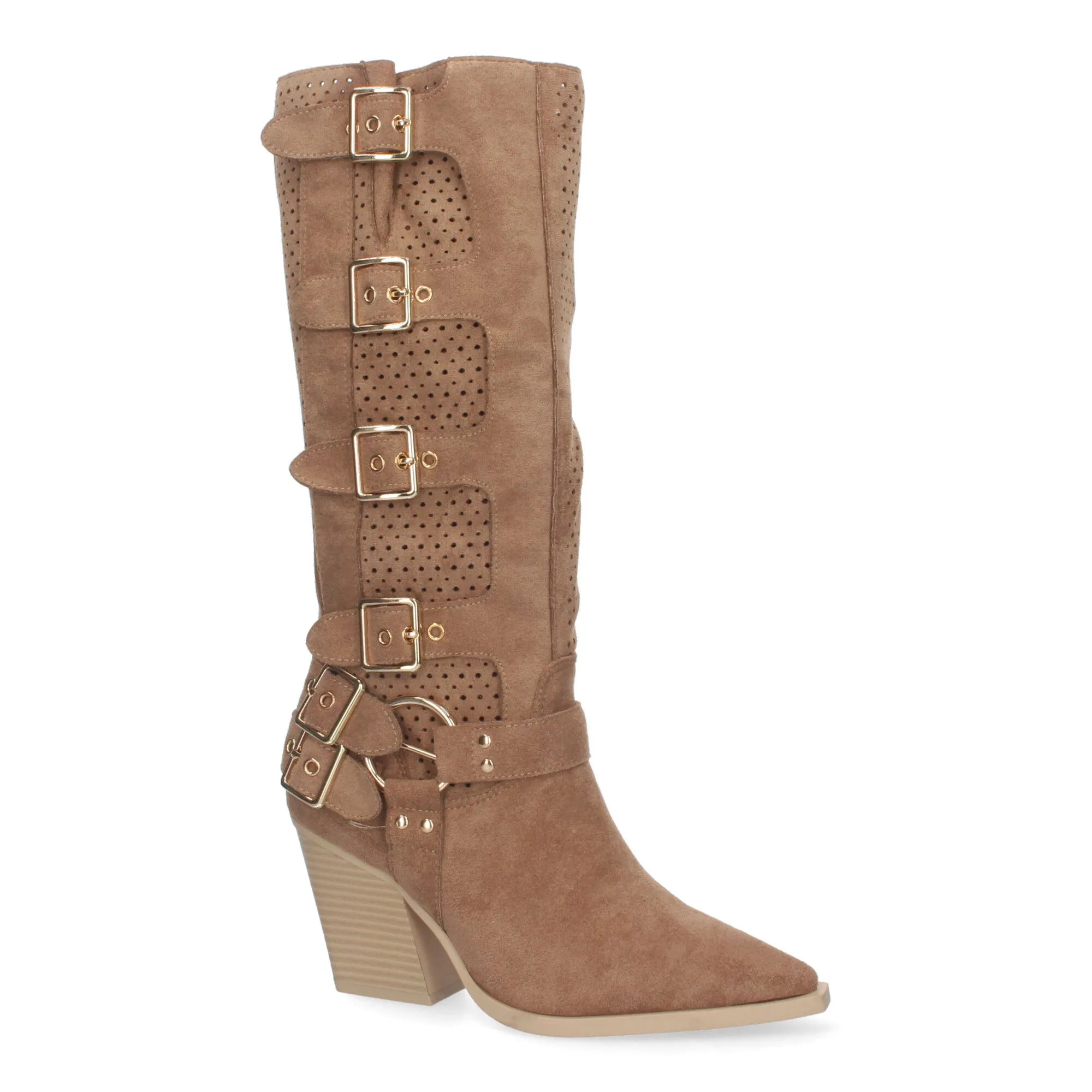 Botas altas de tacón medio con hebillas estilo motero mujer color camel L1000