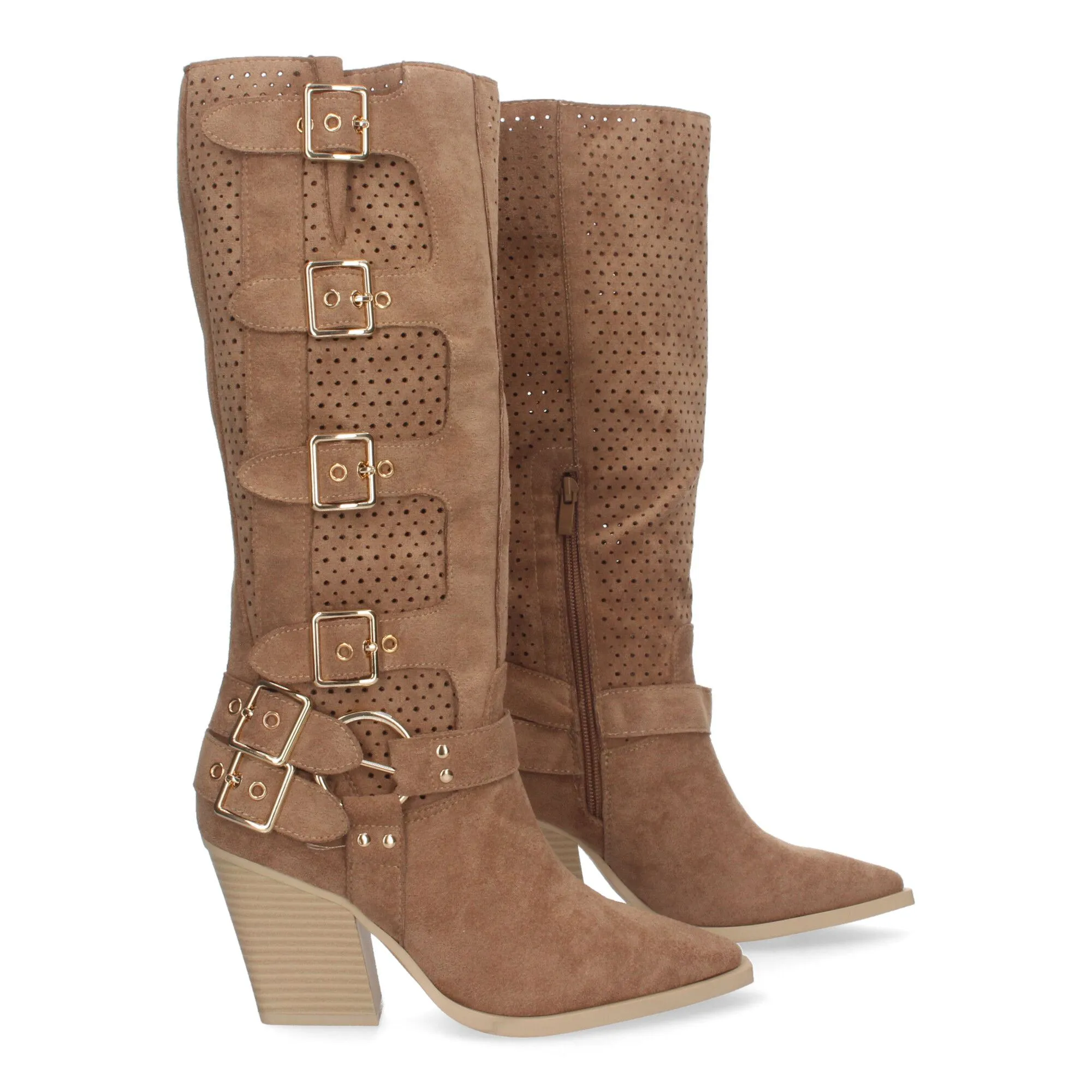 Botas altas de tacón medio con hebillas estilo motero mujer color camel L1000