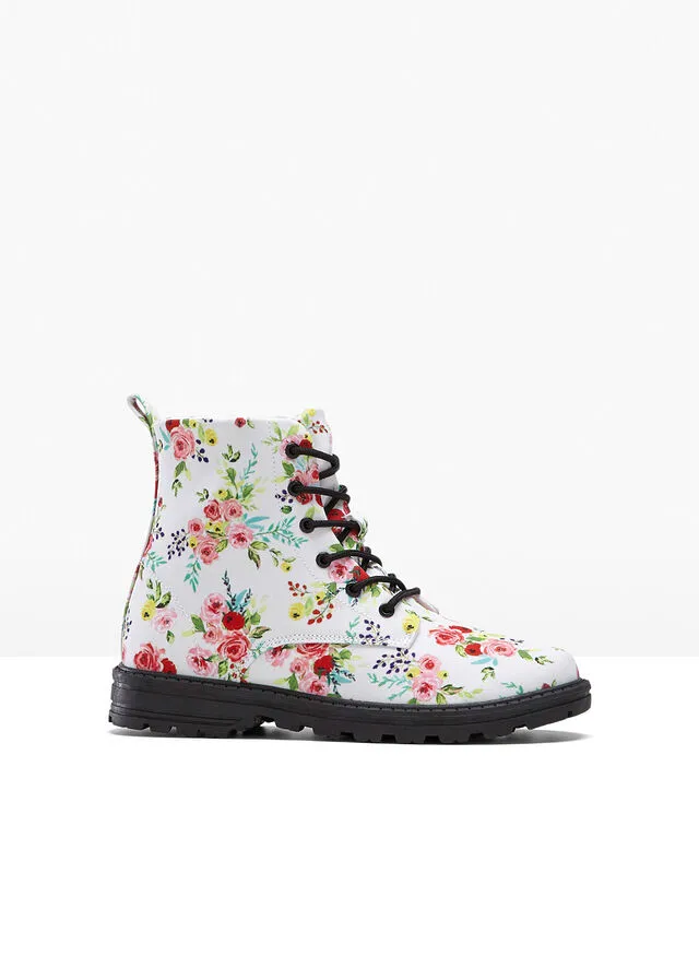 BOTAS CON CORDONES ESTAMPADO DE FLORES EN BLANCOROSA