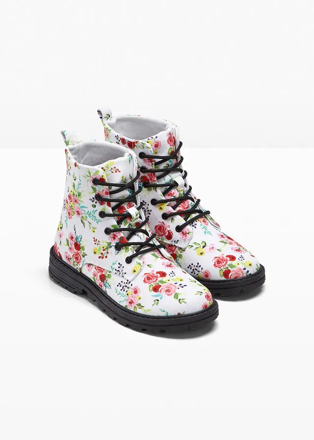BOTAS CON CORDONES ESTAMPADO DE FLORES EN BLANCOROSA