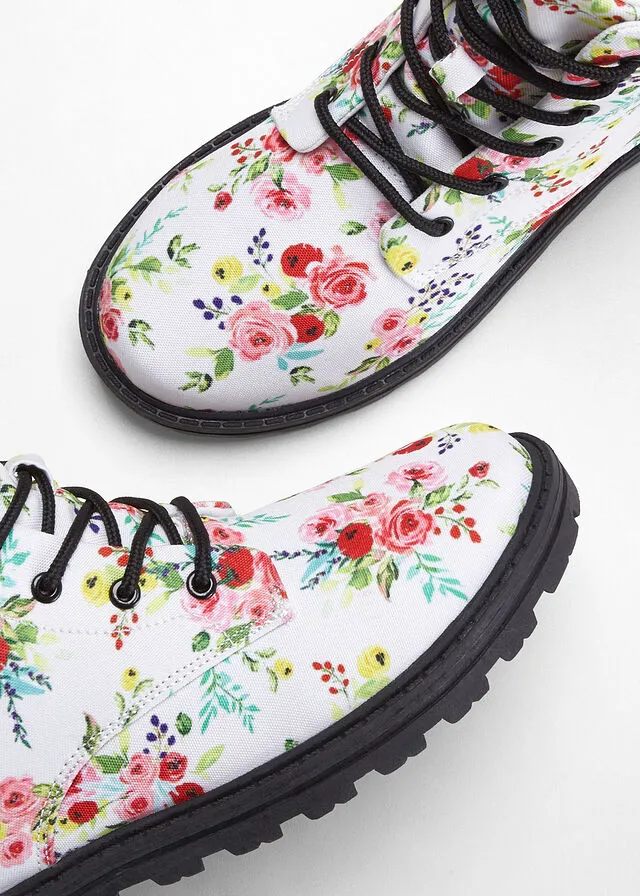 BOTAS CON CORDONES ESTAMPADO DE FLORES EN BLANCOROSA