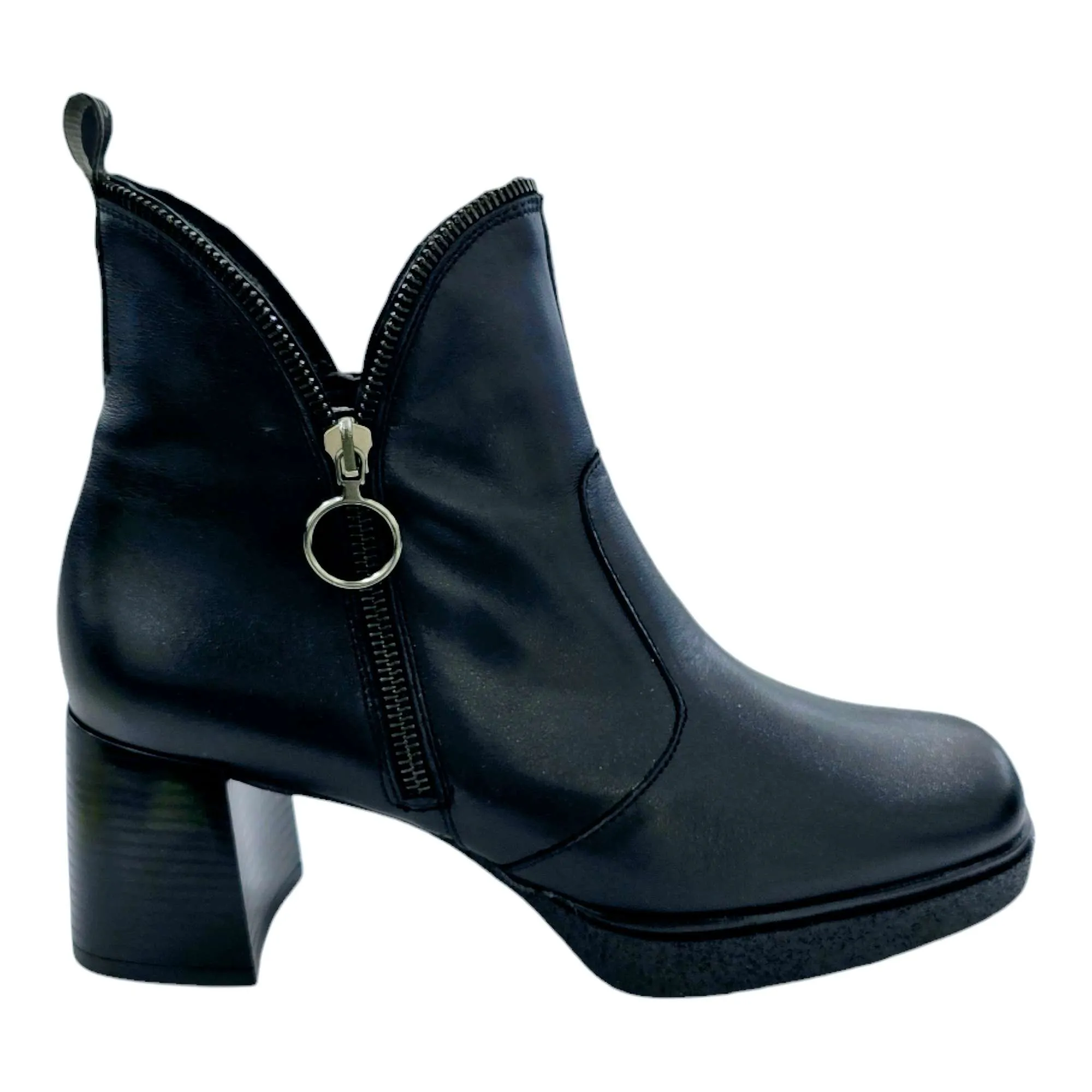 BOTINES MUJER PUNTA CUADRADA TACÓN ANCHO SUELA CREPEÉ NEGRO