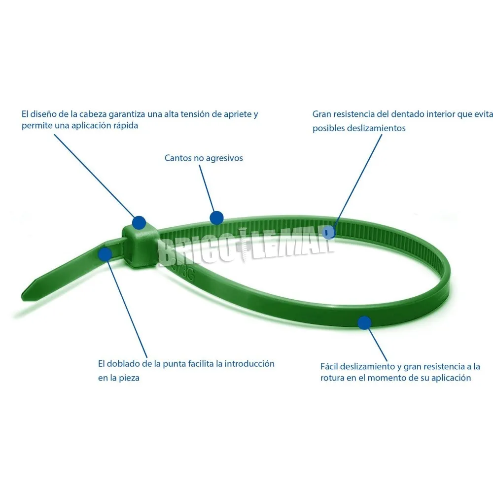 Brida nylon dentada 200x3.6 verde bolsa 100 unidades Kabra