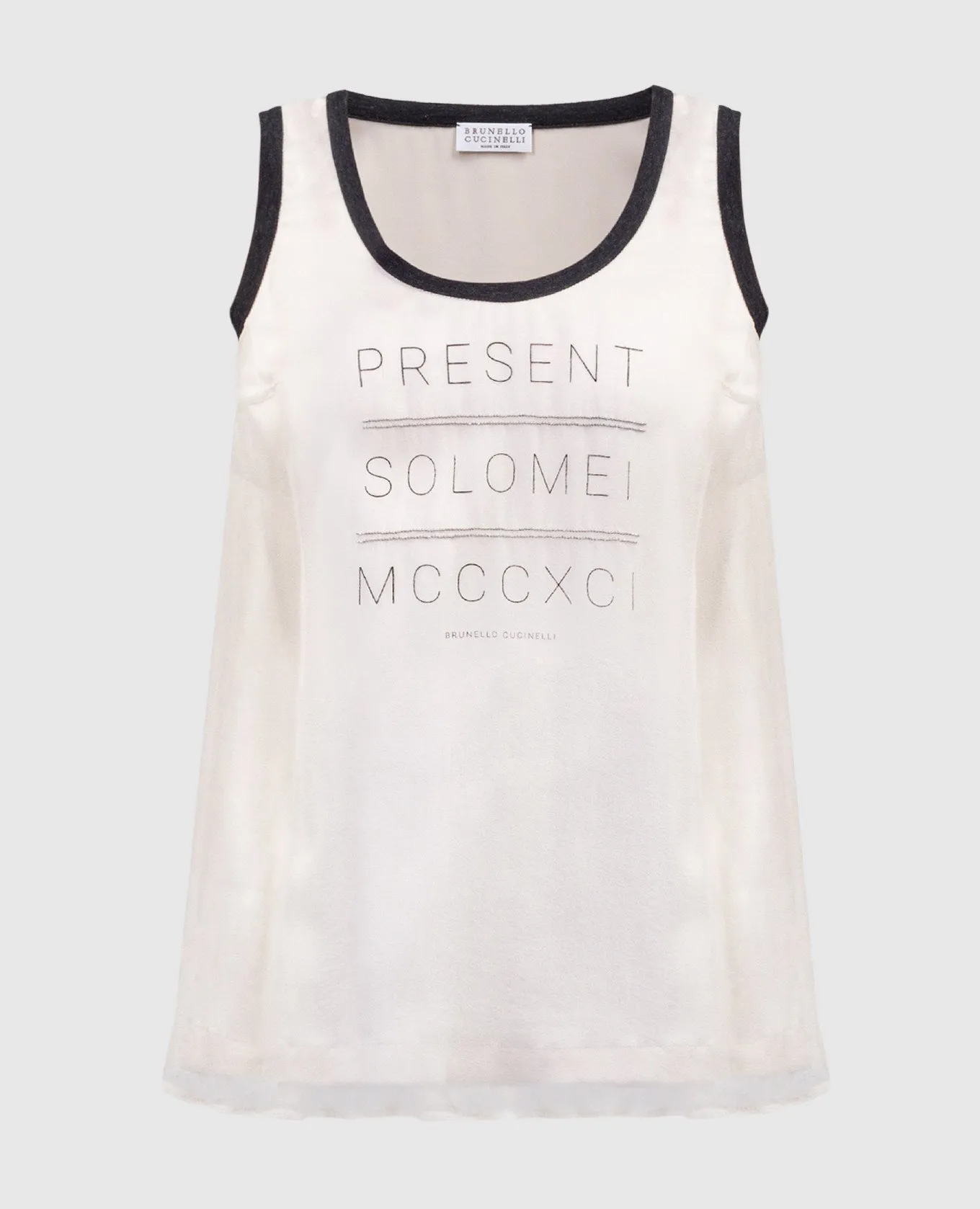 Brunello Cucinelli Beige printed silk top with monil chain