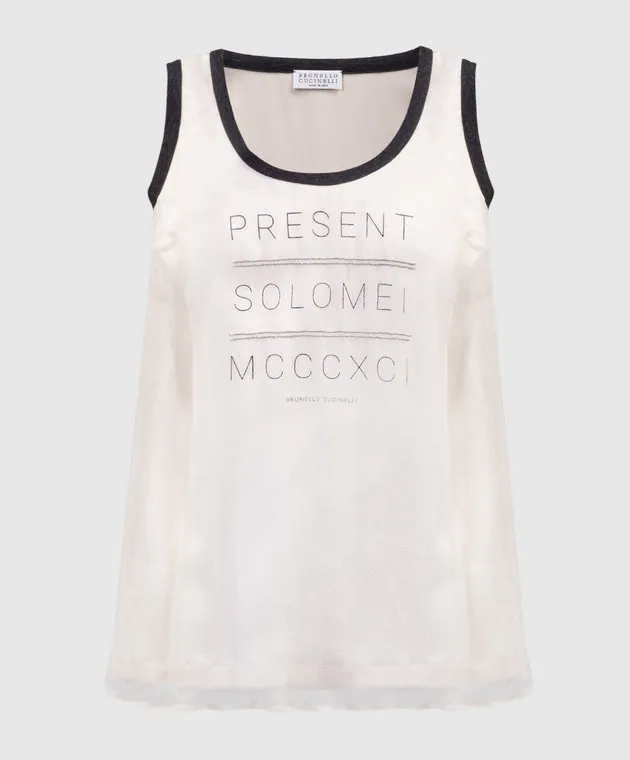 Brunello Cucinelli Beige printed silk top with monil chain
