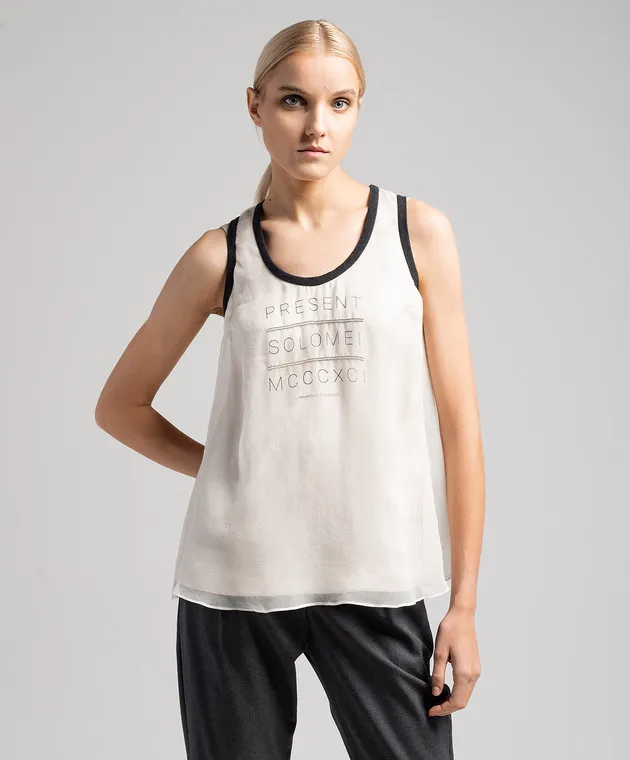 Brunello Cucinelli Beige printed silk top with monil chain