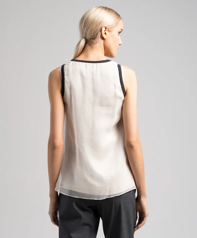 Brunello Cucinelli Beige printed silk top with monil chain