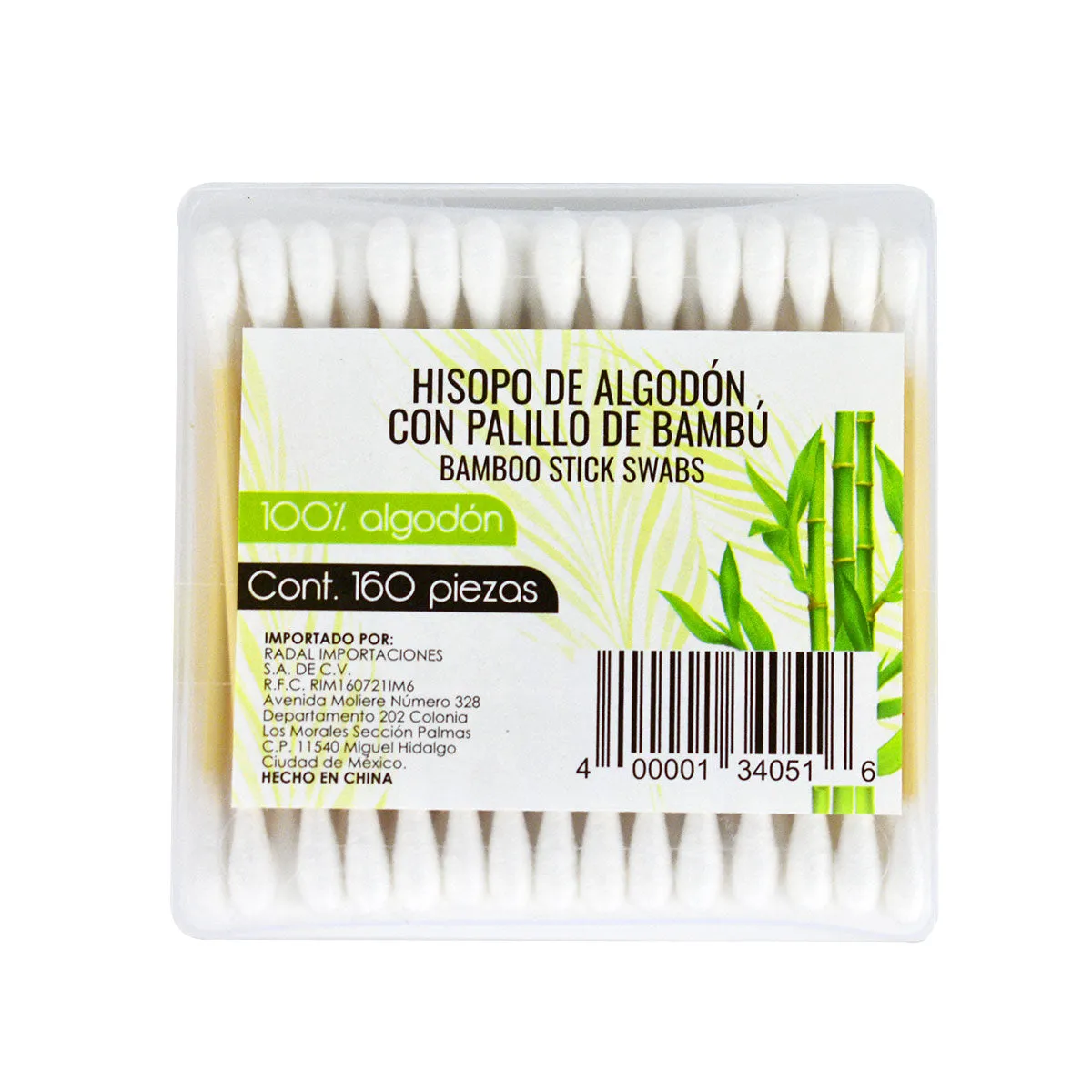 Caja con Hisopos Palillo de Bambú 100% Algodón 160 piezas
