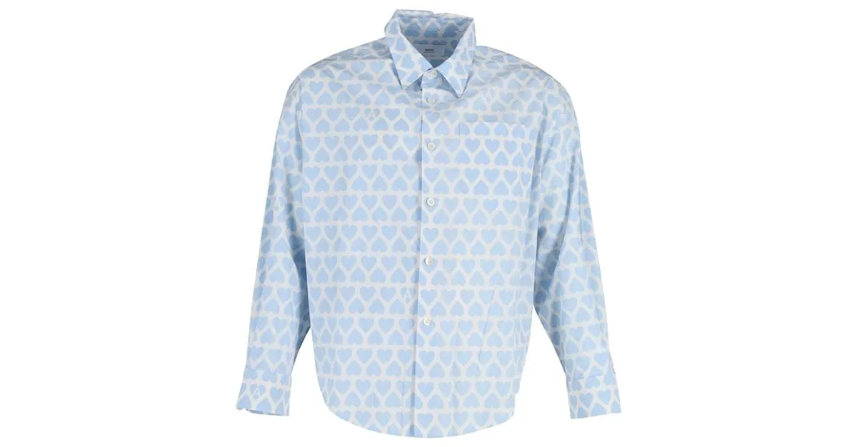 Camisa con botones y estampado de corazones de algodón azul de Ami Paris 