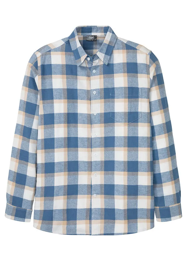 Camisa de manga larga de franela Blanco lana/café con leche de cuadros