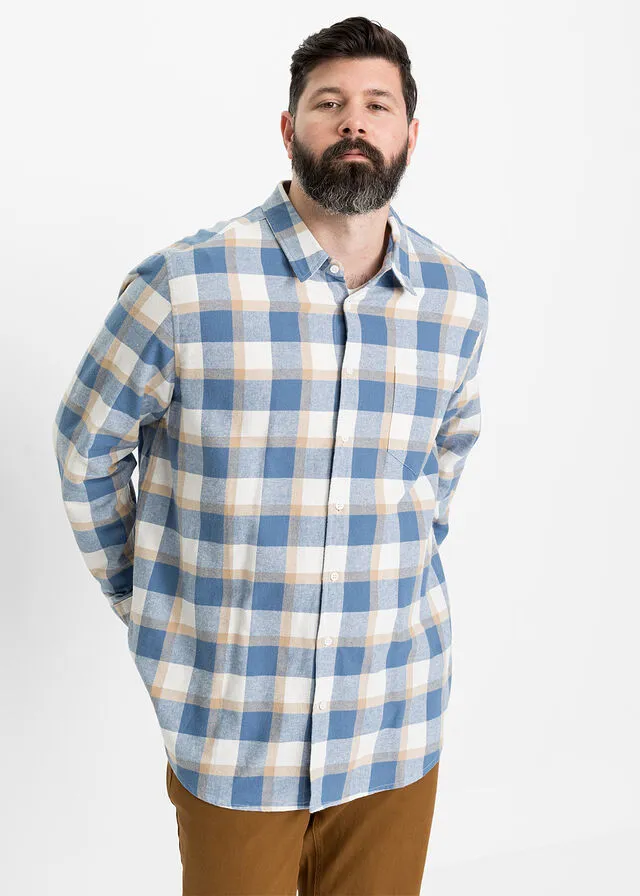 Camisa de manga larga de franela Blanco lana/café con leche de cuadros