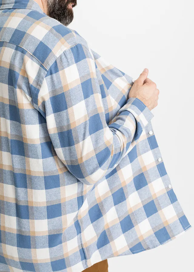 Camisa de manga larga de franela Blanco lana/café con leche de cuadros