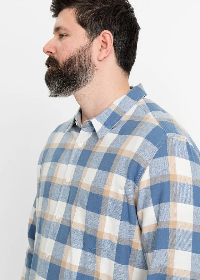 Camisa de manga larga de franela Blanco lana/café con leche de cuadros