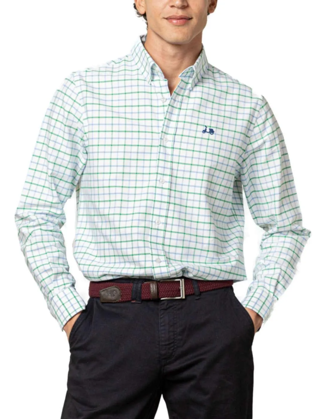 Camisa Scotta Bayona blanca cuadros verdes de hombre