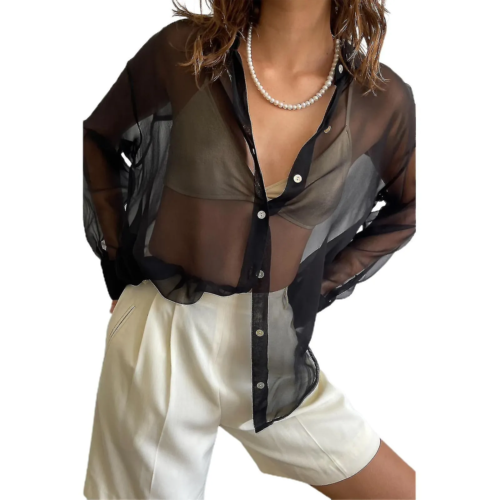 Camisa suelta transparente para mujeres, cuello casual de solapa para damas blusa de manga larga con botones