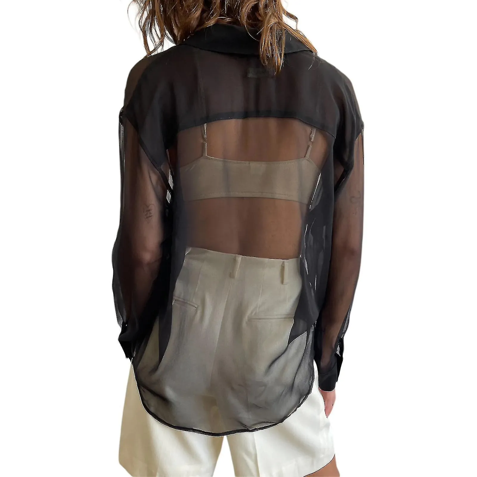 Camisa suelta transparente para mujeres, cuello casual de solapa para damas blusa de manga larga con botones