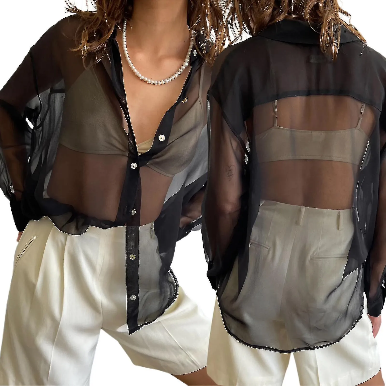 Camisa suelta transparente para mujeres, cuello casual de solapa para damas blusa de manga larga con botones