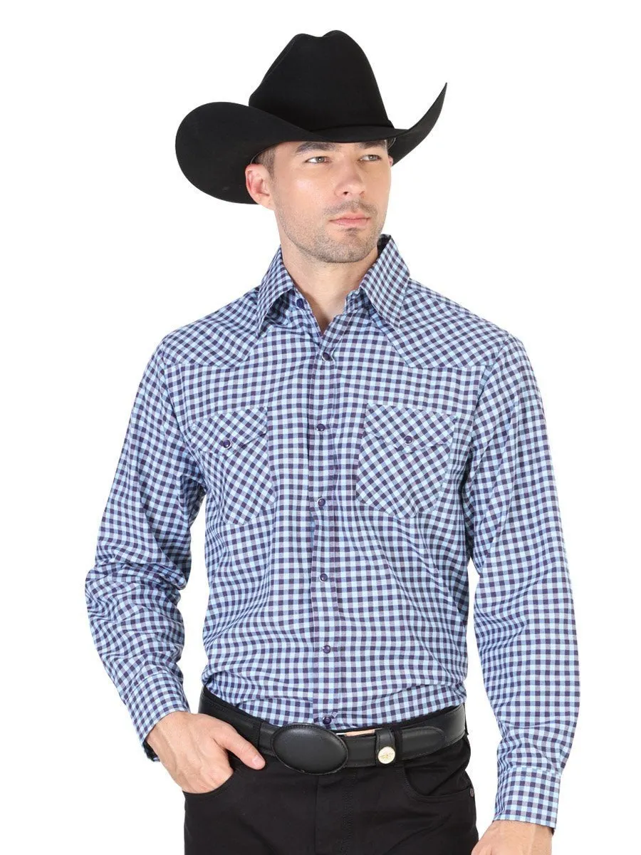 CAMISA VAQUERA MANGA LARGA PARA HOMBRE, 55% ALGODóN, 45% POLIESTER 'EL GENERAL' *  ID: 42330 AZUL MARINO