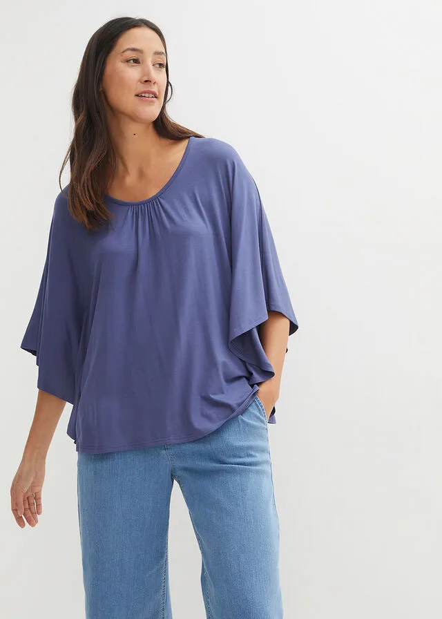 Camiseta de viscosa con mangas de murciélago índigo