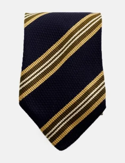 Canali Corbata azul marina rayas verdes y mostaza