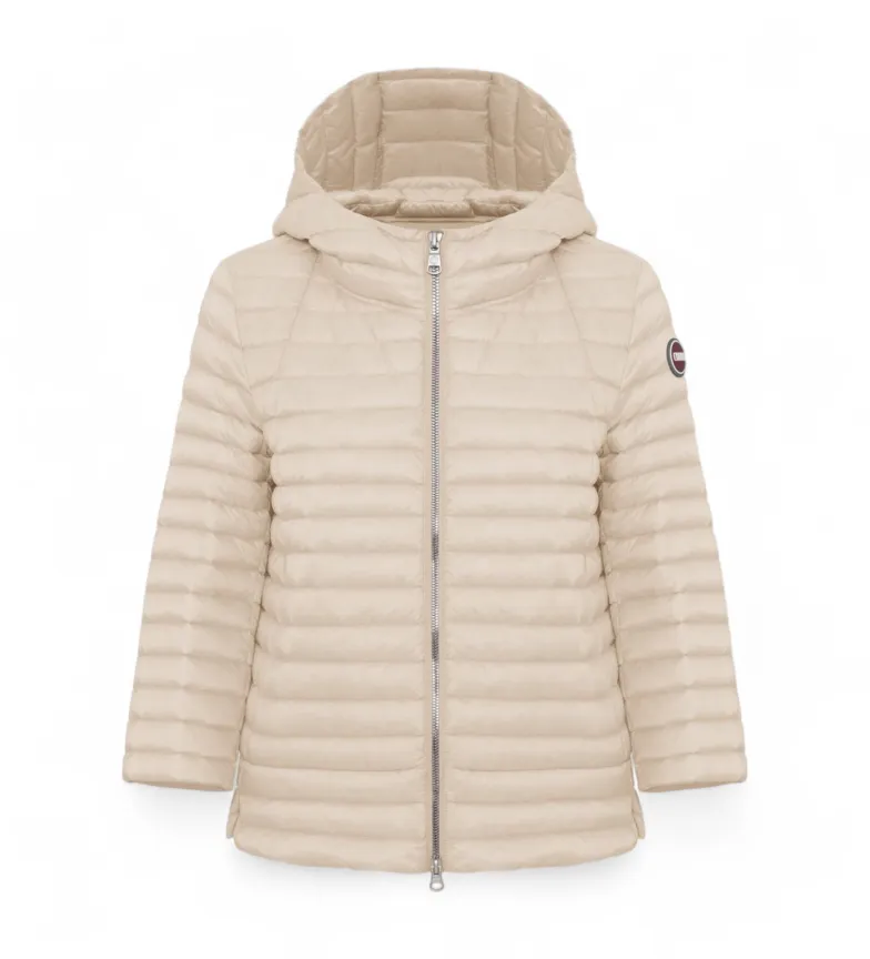 Capa con capucha de plumas beige