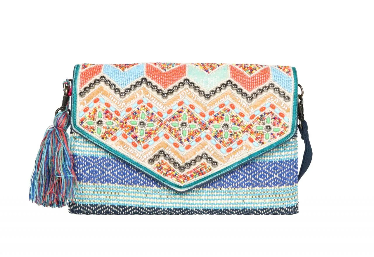 Cartera Tejido Franjas Azul/negro Tapa Abalorios Borla Hilos Colores
