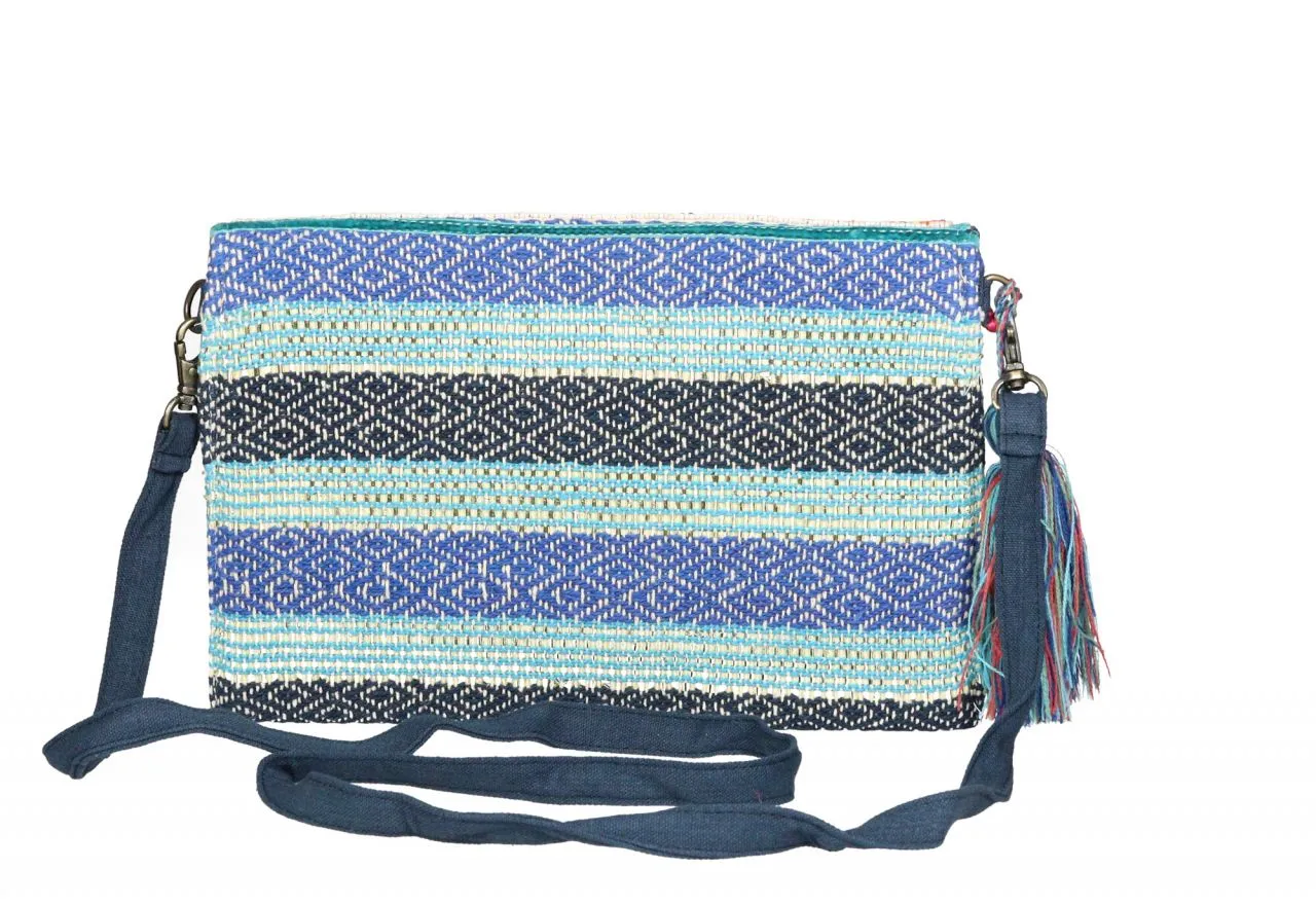 Cartera Tejido Franjas Azul/negro Tapa Abalorios Borla Hilos Colores