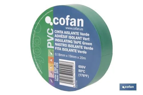 Cinta Aislante 180 Micras | Color verde | Resistente al voltaje, al calor y a diferentes ácidos y alcalinos