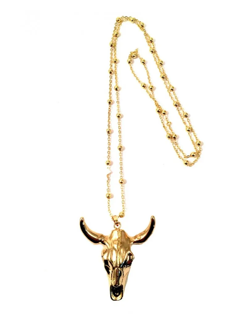 COLLARES LARGOS ESTILO ETNICOS CON CABEZA BUFALO  Y CADENA EN DORADO