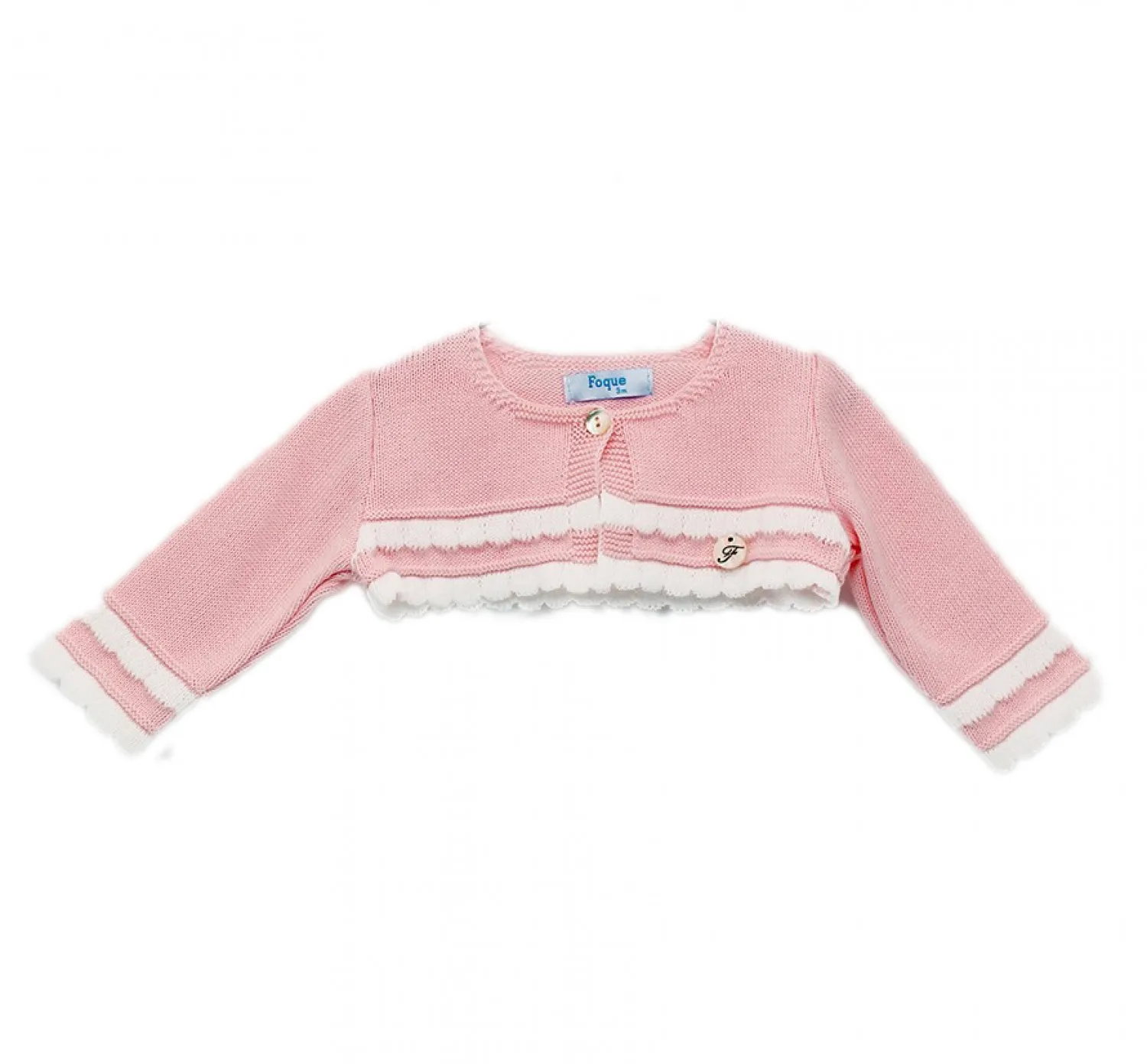 Conjunto de Vestido y chaqueta color rosa con blanco.
