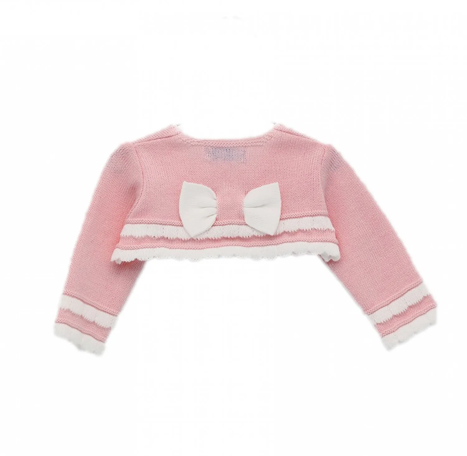 Conjunto de Vestido y chaqueta color rosa con blanco.