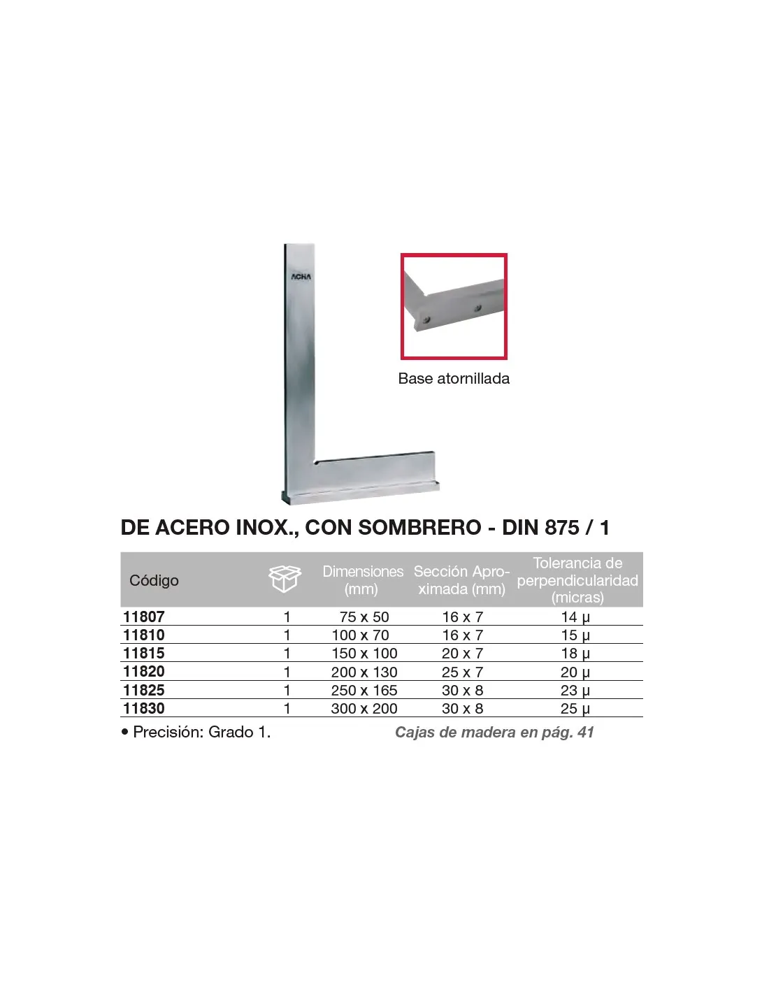 Escuadra DIN 875/1 de acero inox., con sombrero 200 x 130mm
