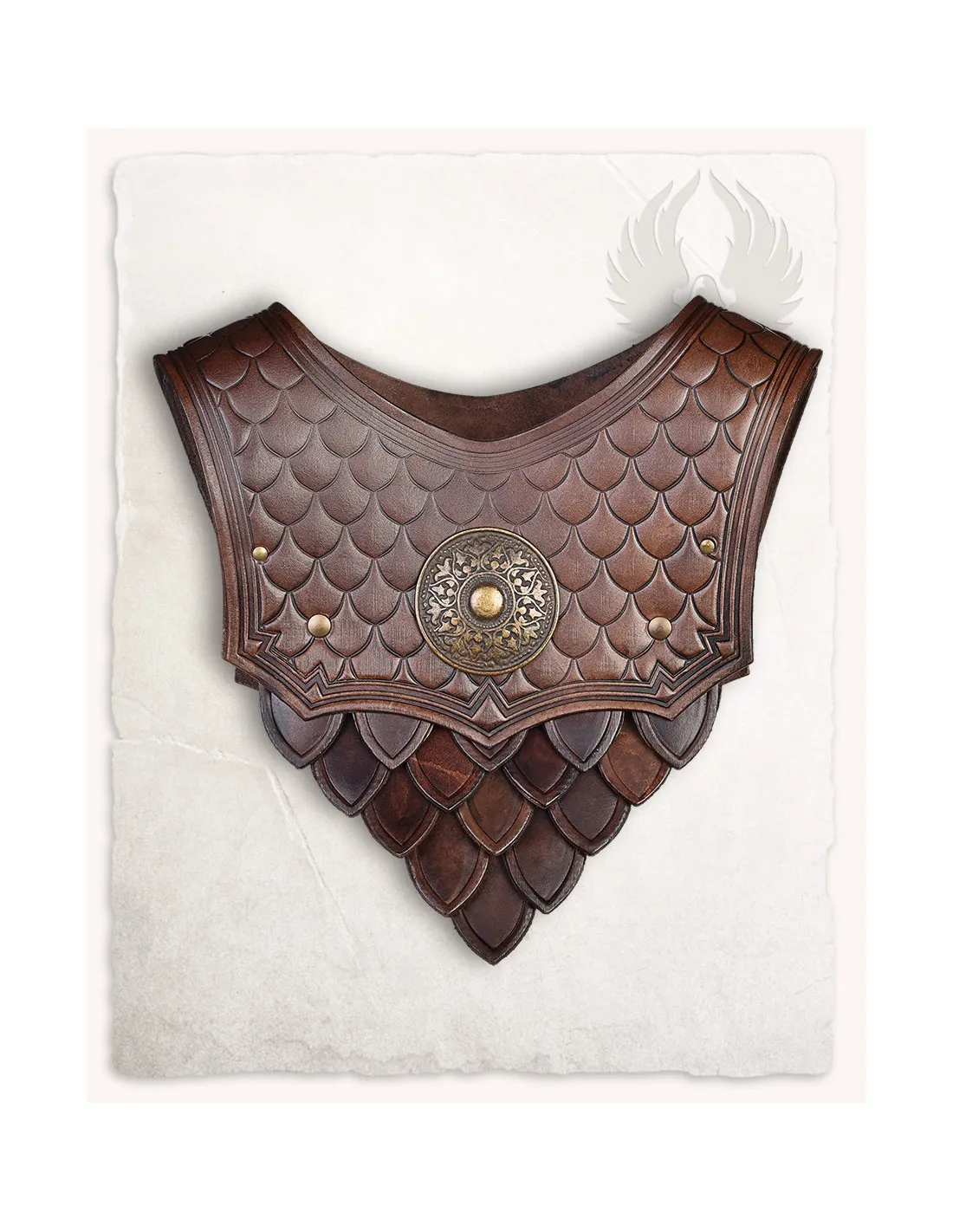 Gorjal medieval escamas decorado modelo Hektor, cuero marrón