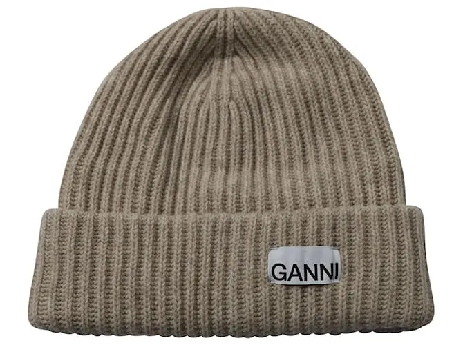 Gorro Ganni Rib Knit en lana reciclada beige 
