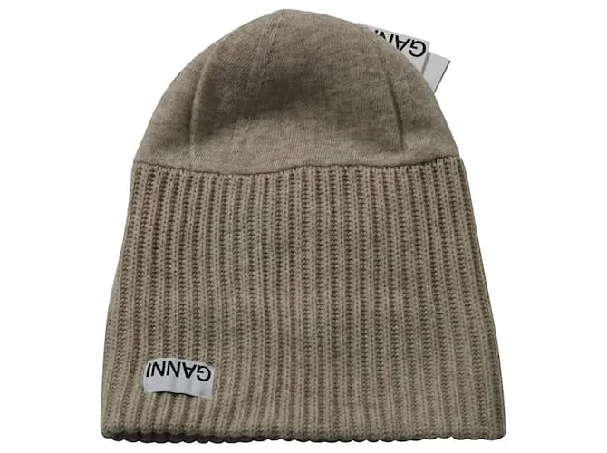 Gorro Ganni Rib Knit en lana reciclada beige 