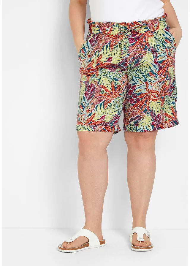 Holgadas bermudas estampadas con lino Azul petróleo estampado