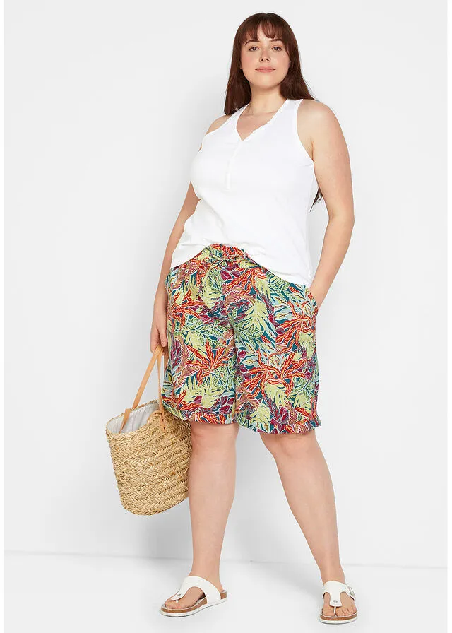 Holgadas bermudas estampadas con lino Azul petróleo estampado