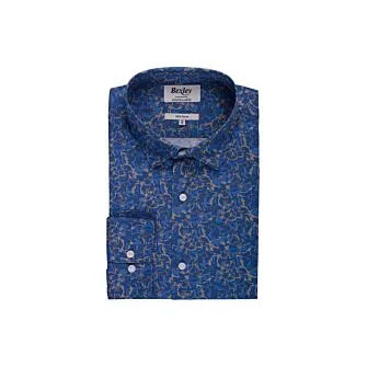 INDIGO BLUE SHIRT WITH TROPICAL KHAKI PRINT  GALLIBERT